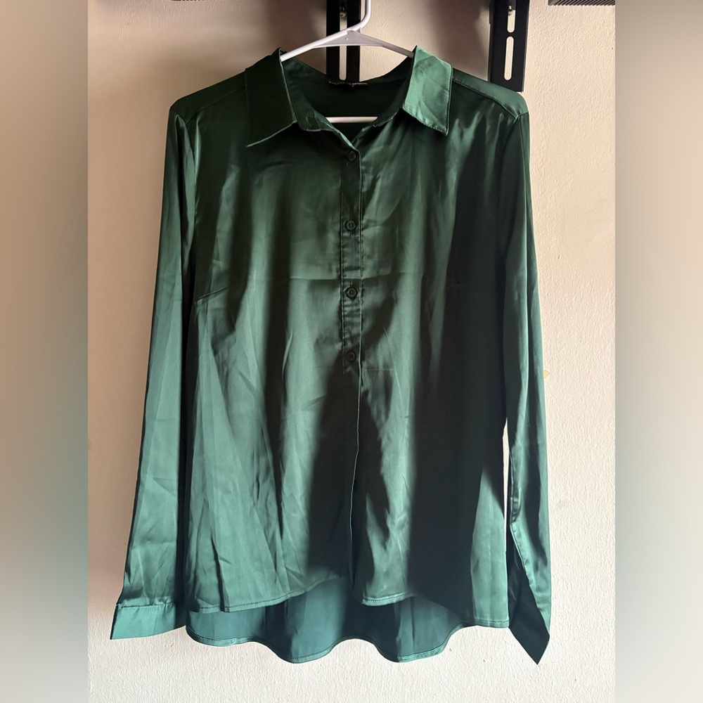 Fashion Nova Dark Green Satin Blouse